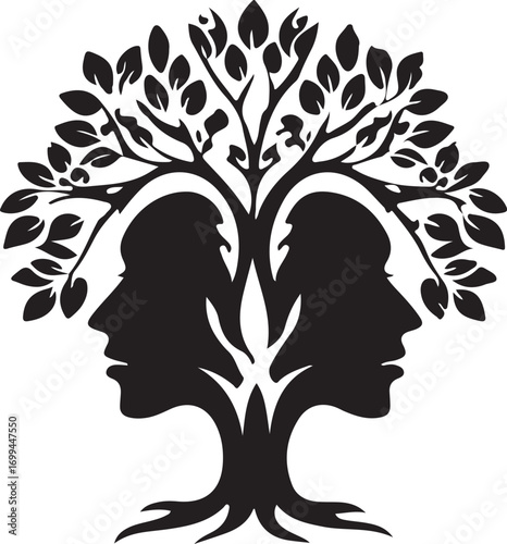Vector art of tree of life with two faces, a symbol of balance
