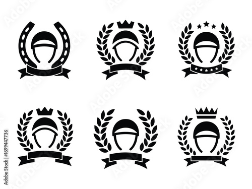 Horse Racing Vector Illustration – Galloping Racehorses, Jockeys, Saddles, Helmets, Racing Track, Competition, Speed, Victory, Trophy, Equestrian Sport, Minimal Black Line, Outline Icon, Animal Racing
