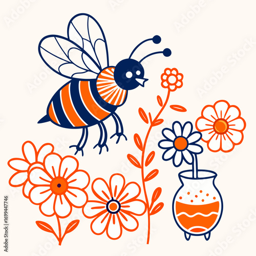 Whimsical cartoon bee flying among orange and blue flowers in a vase