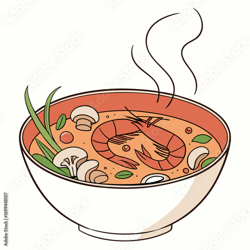 A delicious bowl of steaming hot tom yum soup with shrimp mushrooms and herbs