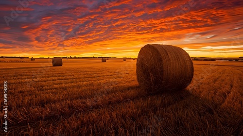 Rural Sunset with Hay Bales