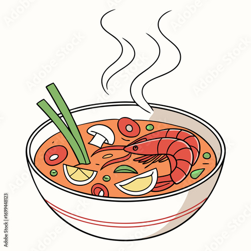 A steaming bowl of delicious tom yum soup with shrimp mushrooms lemon and herbs