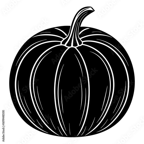 A striking black and white silhouette illustration of a plump pumpkin with a curved stem