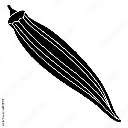 Stylized silhouette of a single okra pod with visible ribs on a white background