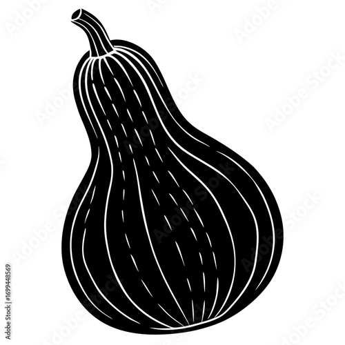 Stylized black silhouette of a butternut squash with white outline and stripes