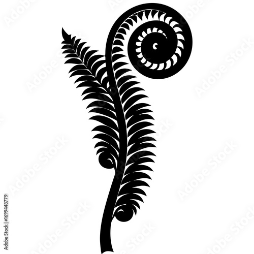 Stylized black silhouette of a fern frond unfurling in a spiral shape