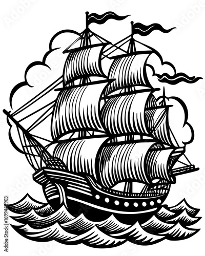 A majestic tall ship with full sails navigates through choppy waves under a cloudy sky