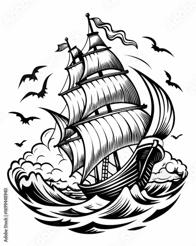 A majestic tall ship with full sails navigates rough seas under a sky with circling birds