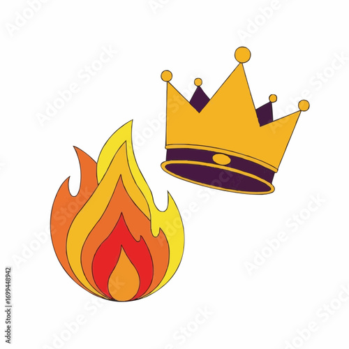 Illustration featuring a stylized flame and a golden crown, symbolizing power and heat.