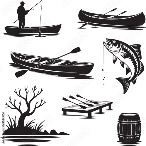 Fishing and Boating Silhouettes Collection Keywords: fishing, boat, canoe, oars, paddle, fish, tree