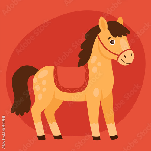 Yellow horse, pony with red saddle. Cute zodiac horse, new year of the horse. Cute happy animal character on red background.	