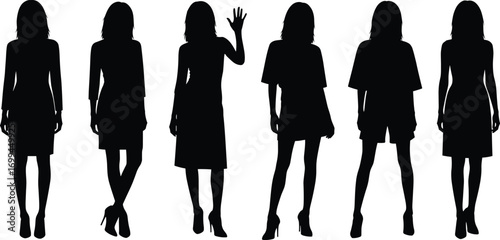 Fashion silhouette vector, stylish women poses, high heel models, trendy outfits, dress and skirt styles, body posture illustration, garment design concept