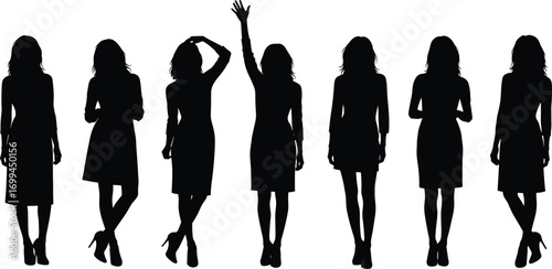 Female silhouette vector, elegant woman poses, high heel fashion, dress posture illustration, body gesture design, stylish standing figure, garment concept art