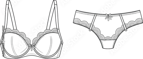 Lingerie set, bra and panty fashion design, underwear technical sketch, CAD drawing, flat vector illustration, intimate apparel template