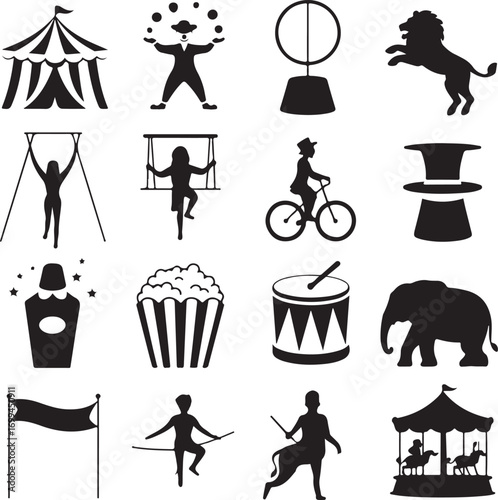 Circus performance and entertainment icons collection Keywords: circus tent, juggler, hoop, lion