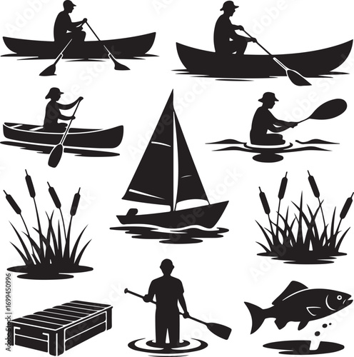 Silhouette Collection of Water Sports and Nature Elements Keywords: canoe, kayaking, rowing