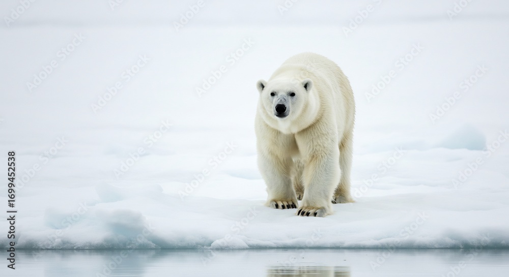Fototapeta premium Ours blanc majestueux se tient fi�rement sur la glace arctique sous une lumi�re diffuse. AI Generated