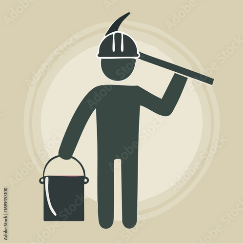 Construction Worker Icon with Safety Helmet and Tools
