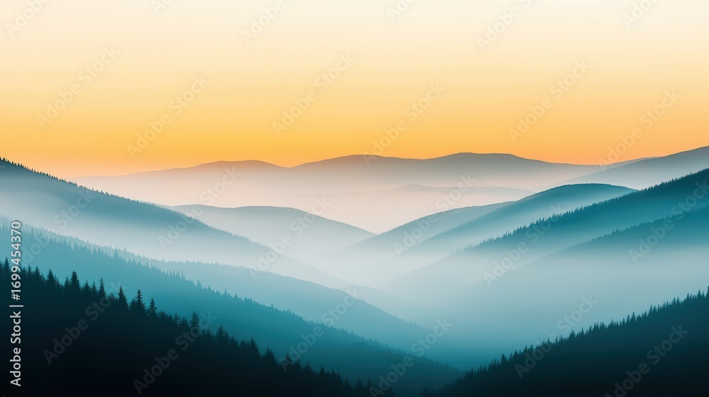 Obraz premium Mountaintop sunset fog concept. Serene mountain landscape with layered hills and a warm gradient sky.