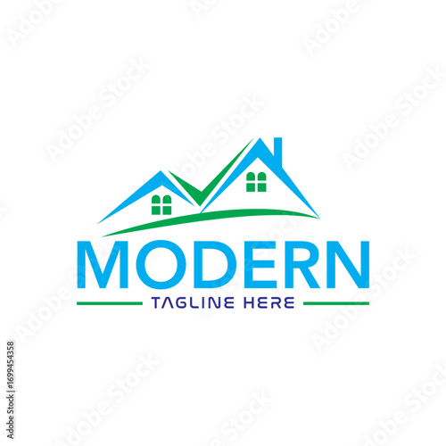 Real estate company logo design with house roof building and home property symbol