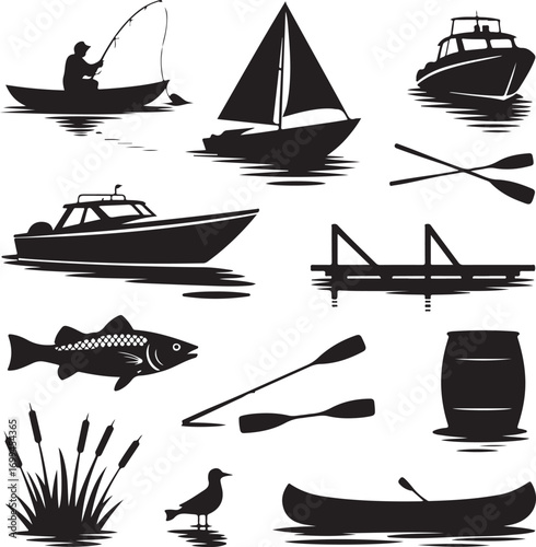 Water Recreation and Fishing Silhouettes Collection Keywords: fishing, kayak, canoe, rowing