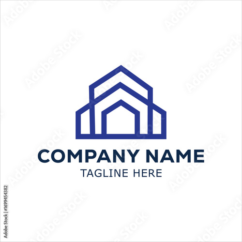 Real estate company logo design with house roof building and home property symbol