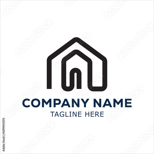 Real estate company logo design with house roof building and home property symbol