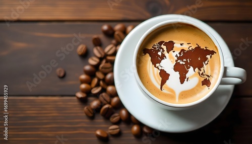 Coffee with a world map design on top, highlighting International Coffee Day and the global love for coffee
