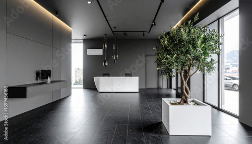Modern Minimalist Office Lobby with Olive Tree