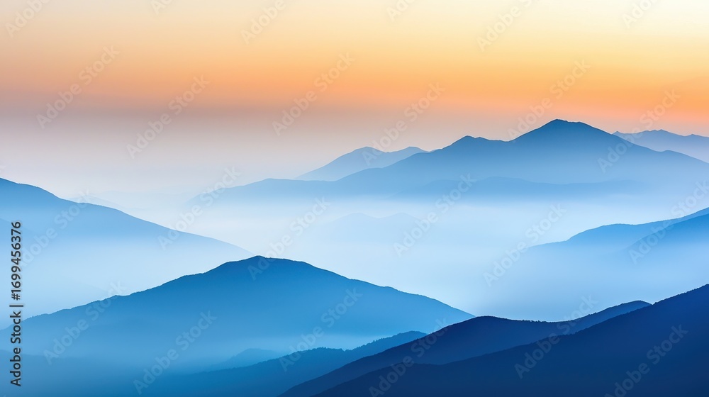 Fototapeta premium Mountaintop sunset fog concept. Serene mountain landscape with soft blue hues and a warm sunset backdrop.