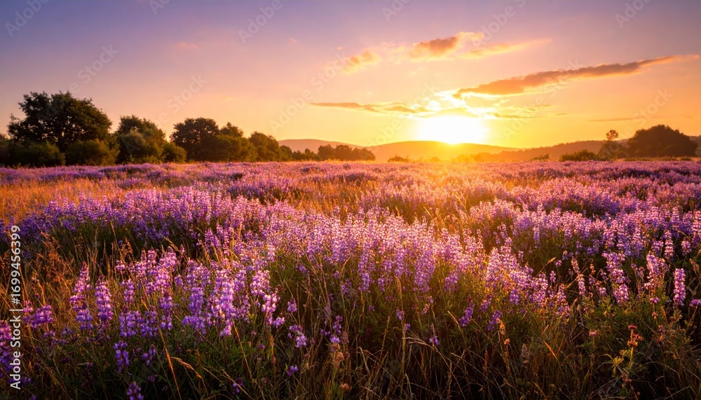 Fototapeta premium Majestic Lupine Field Illuminated by a Radiant Golden Sunset