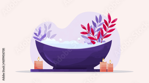 Purple bathtub with candles and plants