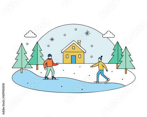 People ice skating on a frozen lake, surrounded by snowy trees vector illustration