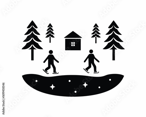 People ice skating on a frozen lake, surrounded by snowy trees silhouette vector illustration