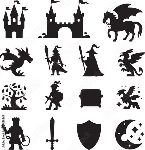 Fantasy Castle Knight Dragon Wizard Treasure Chest Moon Icons Silhouette fortress tower