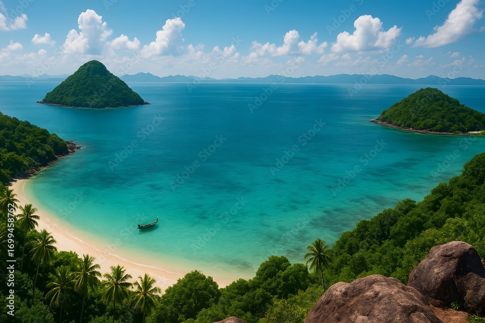 Fototapeta premium Tropical paradise bay with crystal clear turquoise water, lush green island, palm trees, and long-tail boat under sunny blue sky, aerial beach view, perfect travel destination