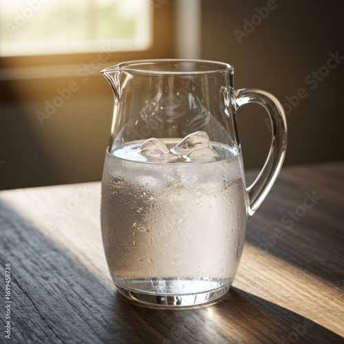 Glass Pitcher of Iced Water on Wooden Table in Sunlight