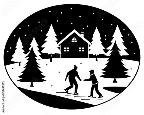 People ice skating on a frozen lake, surrounded by snowy trees silhouette vector illustration