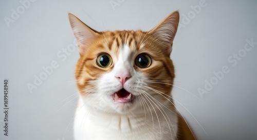 Close-up shot of a surprised orange and white cat with wide eyes and open mouth.