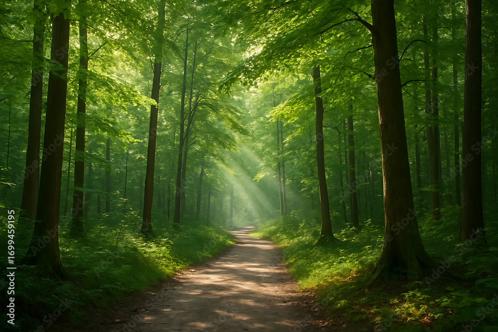 Fototapeta premium Peaceful Green Forest Trail with Sun Rays