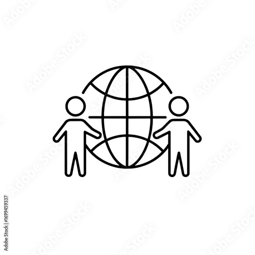 Modern outline icon illustrating global communication, featuring two stylized people connecting across a world globe, symbolizing international networking and social interaction concept