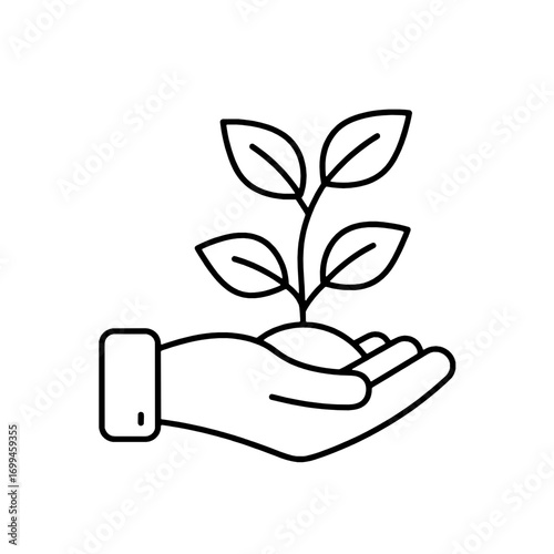 Minimalist vector icon of a hand nurturing a new plant, symbolizing sustainability, growth, and environmental care