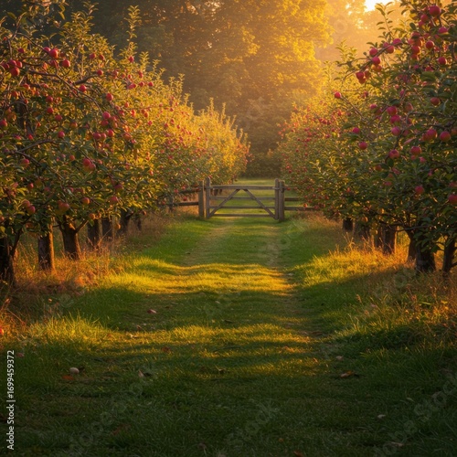 Apple Orchard at Sunrise with Wooden Gate