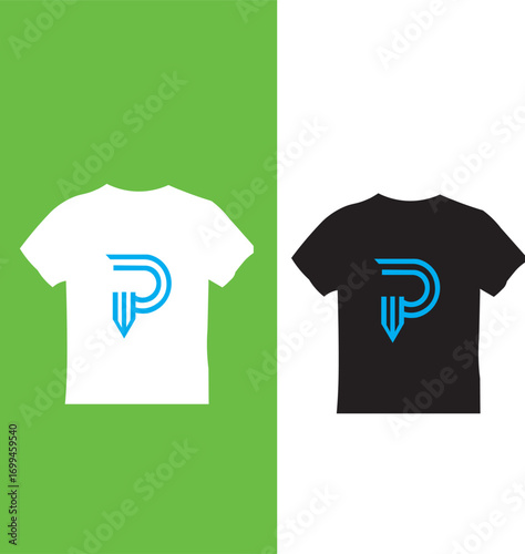 T-shirt mockup design with P logo, apparel branding template, modern clothing print design, minimalist fashion vector, casual wear branding identity