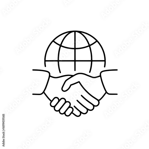 Global partnership and international business agreement handshake line icon representing worldwide collaboration and unity