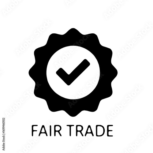 Black and white fair trade certified mark icon with a checkmark, symbolizing ethical commerce and social responsibility principles