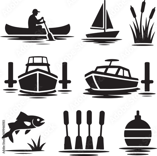Water Sports and Fishing Icons Silhouette Collection Keywords: water, sports, fishing, canoe, kayak