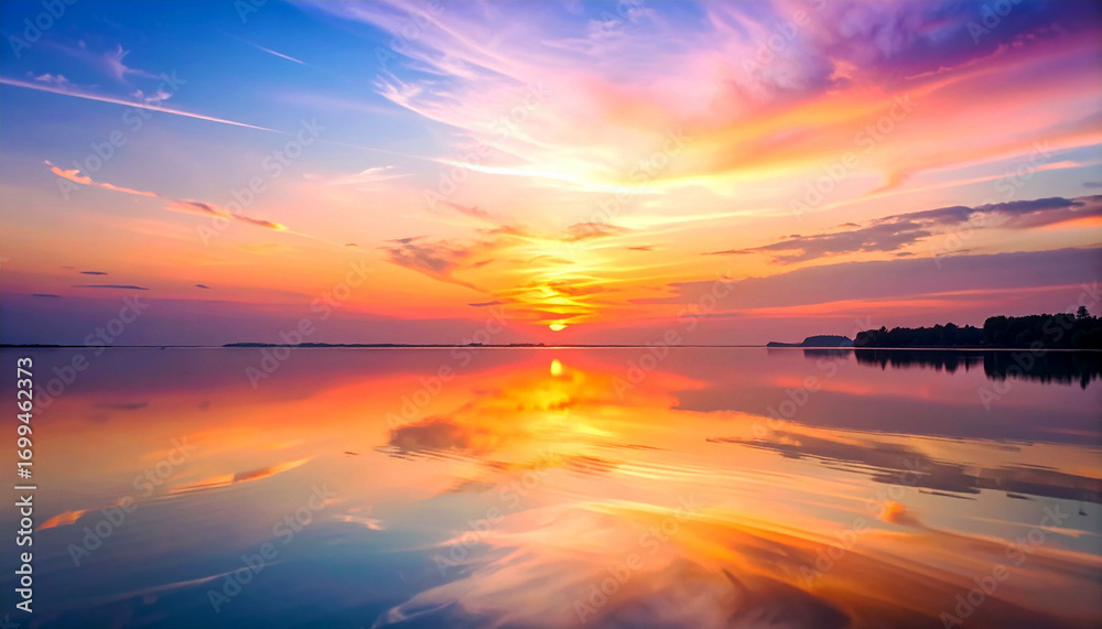 Fototapeta premium Breathtaking Sunset over Calm Lake with Intense Reflections