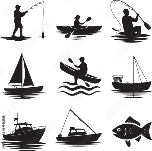 Silhouette Collection Of Water Sports And Fishing Activities Keywords: fishing, fisherman, casting