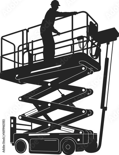 Scissor lift with worker, aerial work platform, construction equipment, industrial machinery, elevated work access, hydraulic lift, maintenance platform, safety equipment, silhouette set